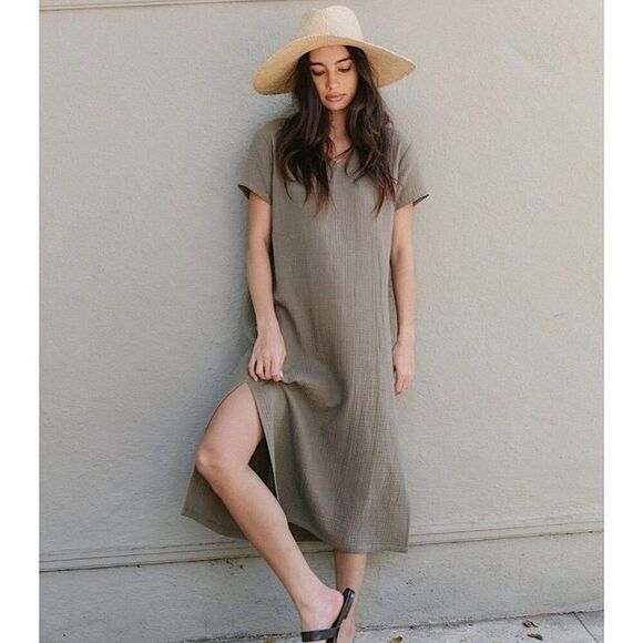 JENNI KAYNE Size XL Cypress Caftan Dress Green Midi 100% Cotton Gauze - Picture 9 of 9